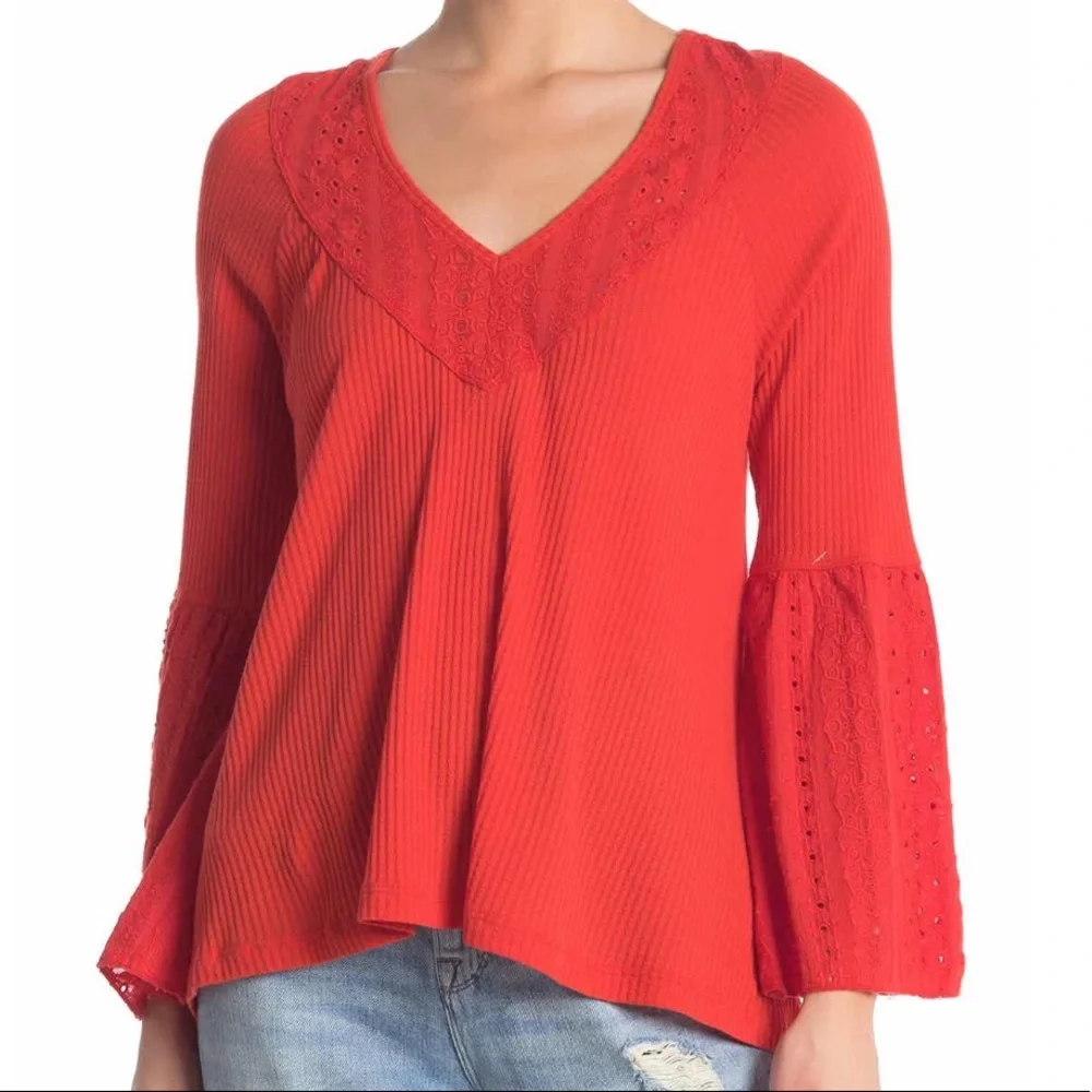 Free People Red Bell Sleeve V-neck Boho Top women’s Small NWT